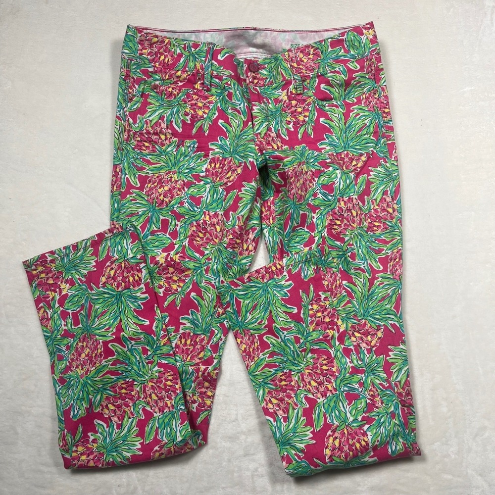 Lilly Pulitzer Worth Straight Jean Pink Pineapple Tropical Print Pants Size 8